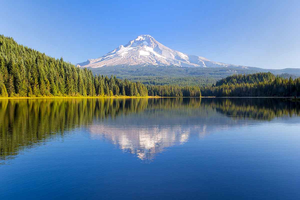 view of mount hood reflected in the lake