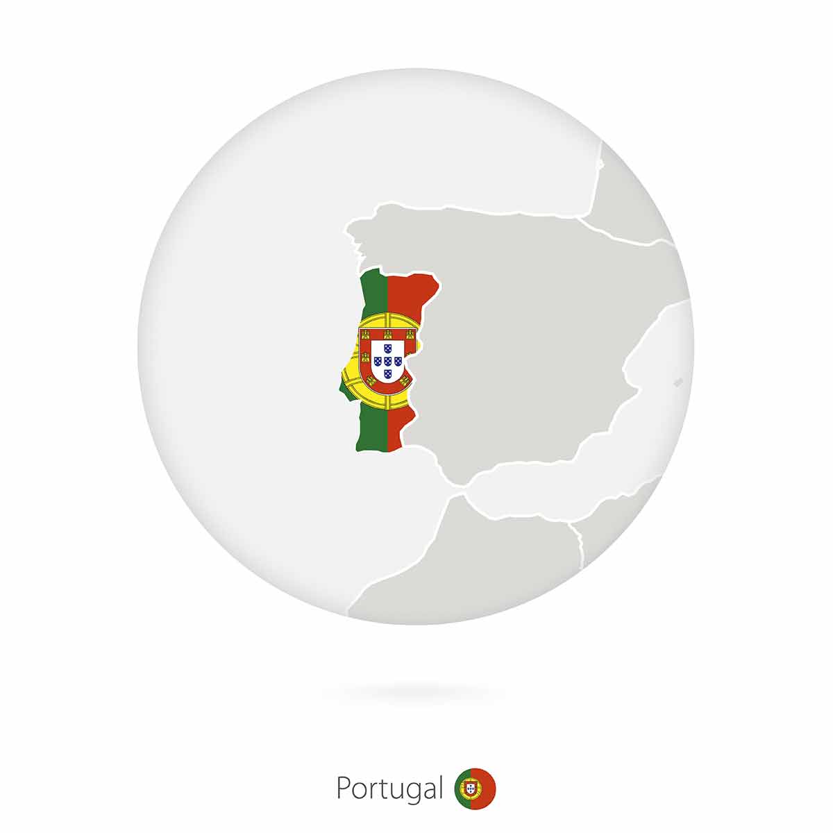 Map of Portugal and national flag in a circle. Portugal map contour with flag.