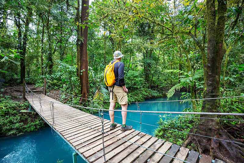 when is the best time to visit costa rica man hiking in the tropical jungle across a timber bridge
