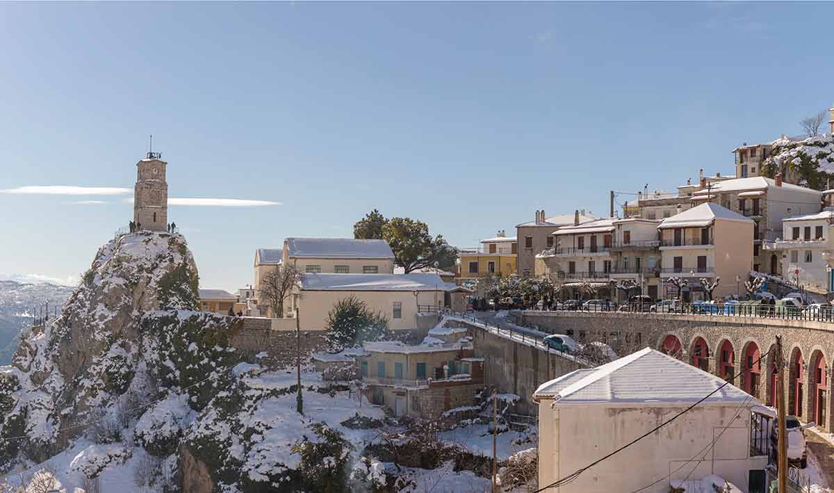 when is the best time to visit greece snow covered village and blue sky