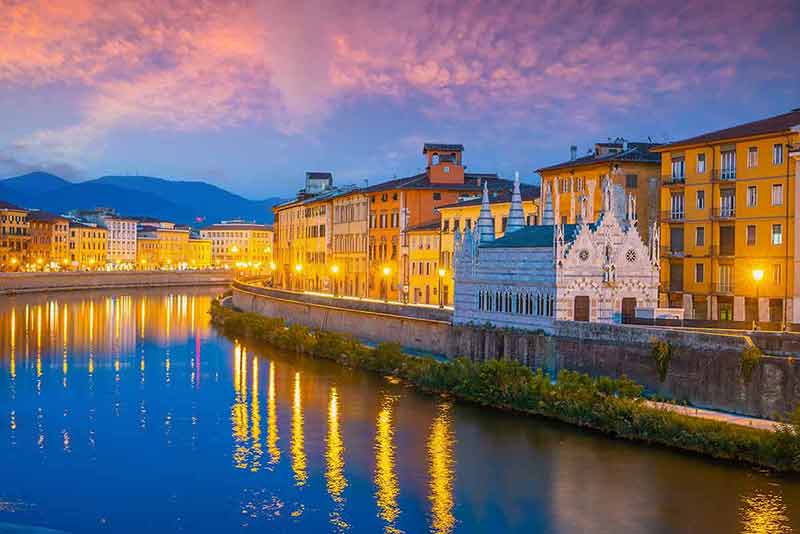 Citydscape With Pisa Old Town And Arno River In Italy