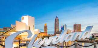 cleveland sign and city skyline in the background
