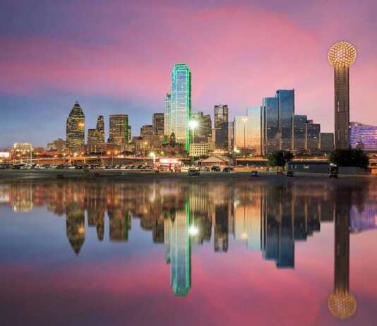 where to stay in dallas for nightlife city skylne reflected in the Trinity River