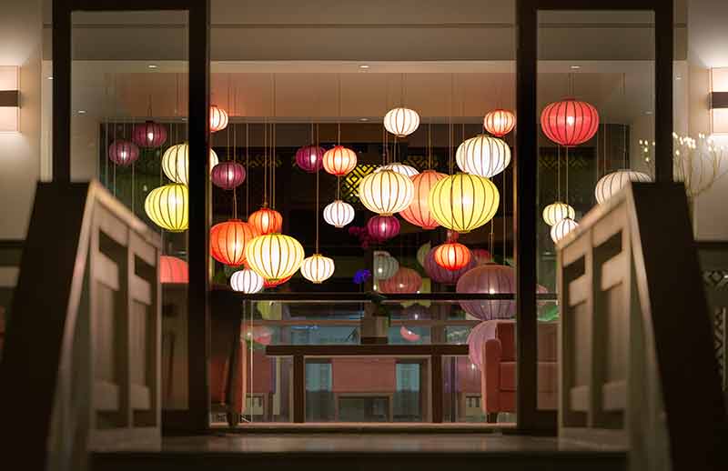 Lanterns in a hotel lobby