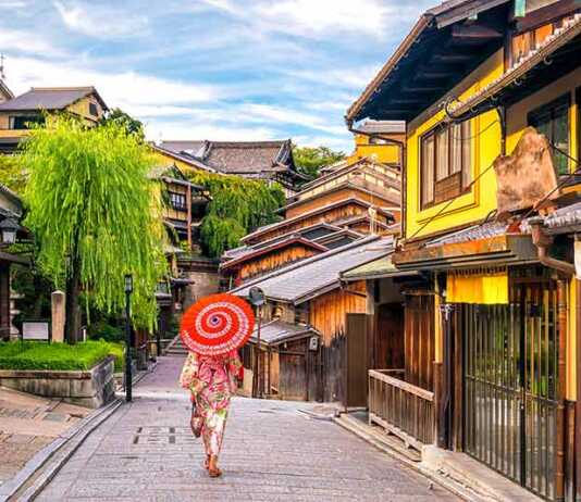 Japanese Girl In Yukata With Red Umbrella