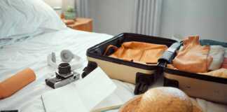 Travel, luggage and bedroom with a suitcase, hat and camera on a bed in a hotel during holiday or vacation. Hospitality, tourist and resort with luggage in a room for traveling or sightseeing abroad.
