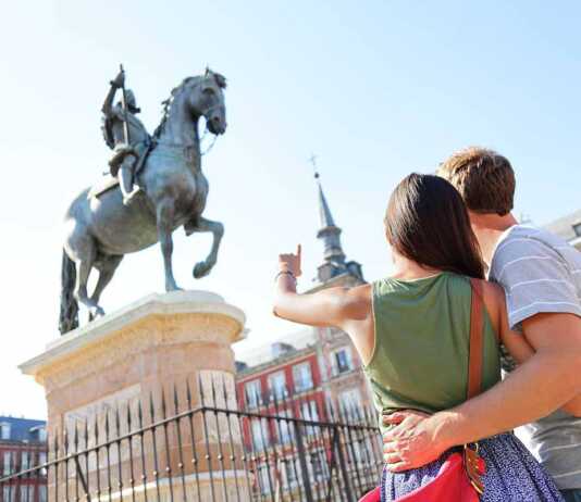 Madrid Tourists On Plaza Mayor Looking At Statue
