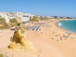 Sandstone Rock On The Beach In Albufeira In Portugal