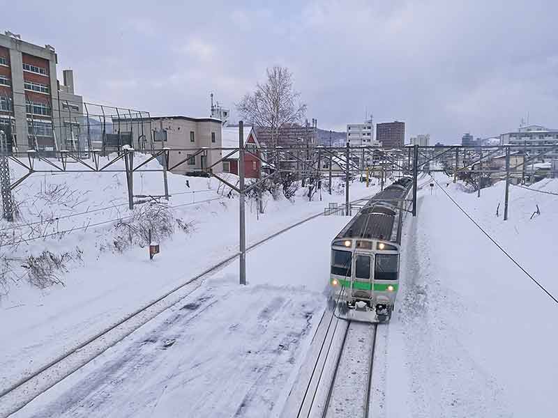 Snow Railtrack And Train With Otoru City, Hokkaido Japan Mid Winter