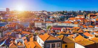 aerial view of orange rooftops in Porto's ribeira