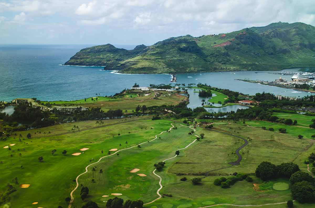Aerial View Of A Golf Field In The Coast Of Kauai