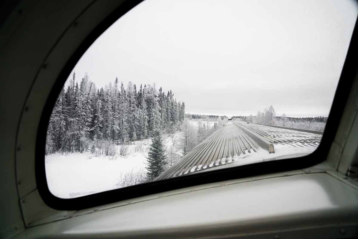 winter vacation in canada scenery through the window on via rail train to churchill